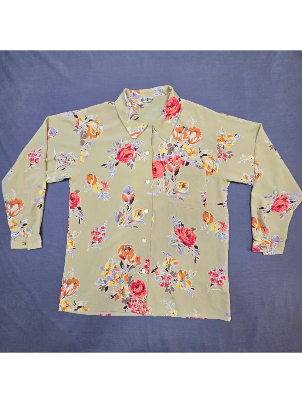Vintage Flor Fina Womens Medium Button-Up Floral Print Blouse Long Sleeve Beige